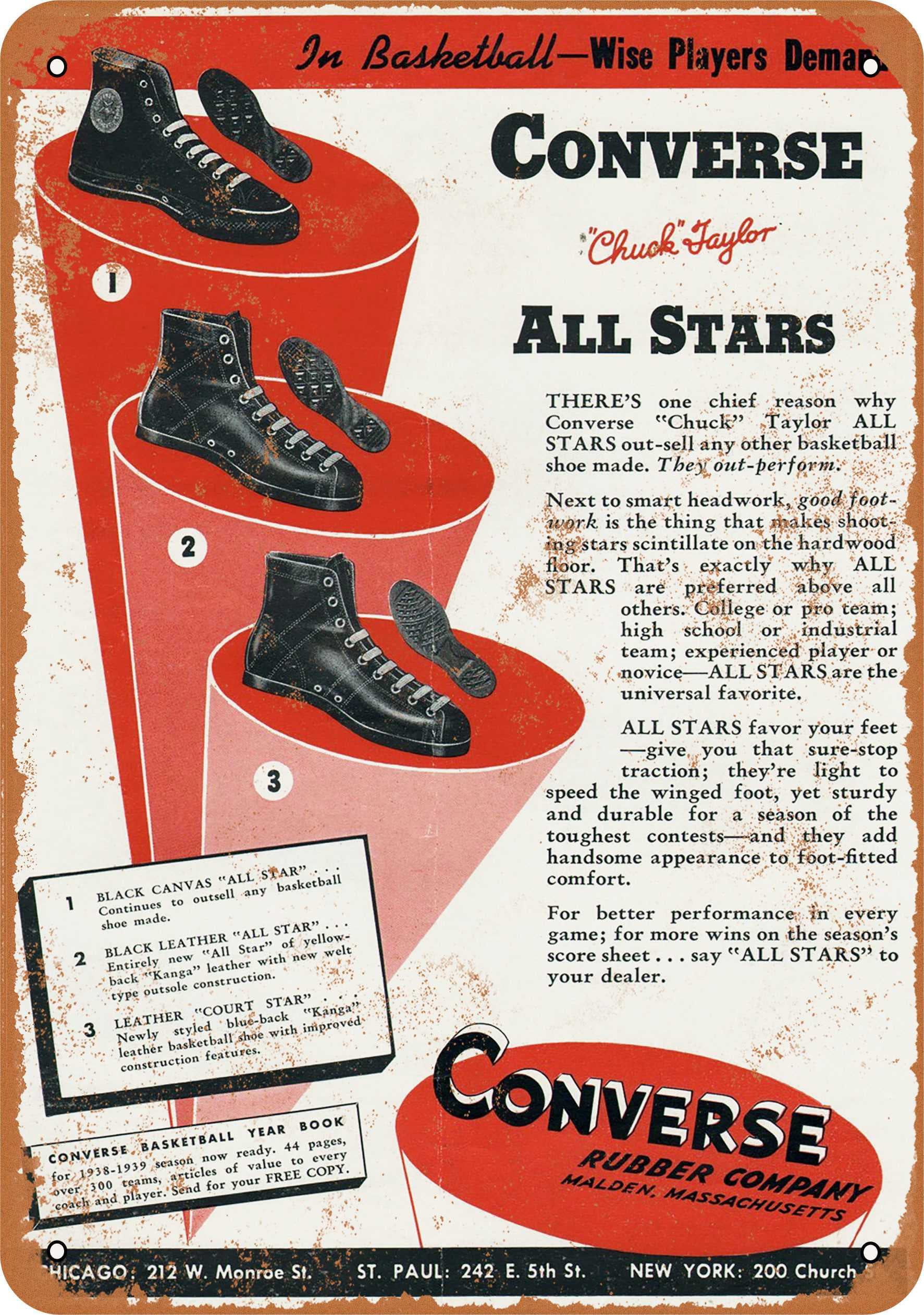 Con rapidez Enemistarse Lujoso 9 x 12 METAL SIGN - 1939 Converse Tennis Shoes - Vintage Rusty Look -  Walmart.com