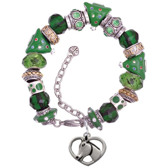Silvertone Heart with Horse Head Green Christmas Bead Bracelet