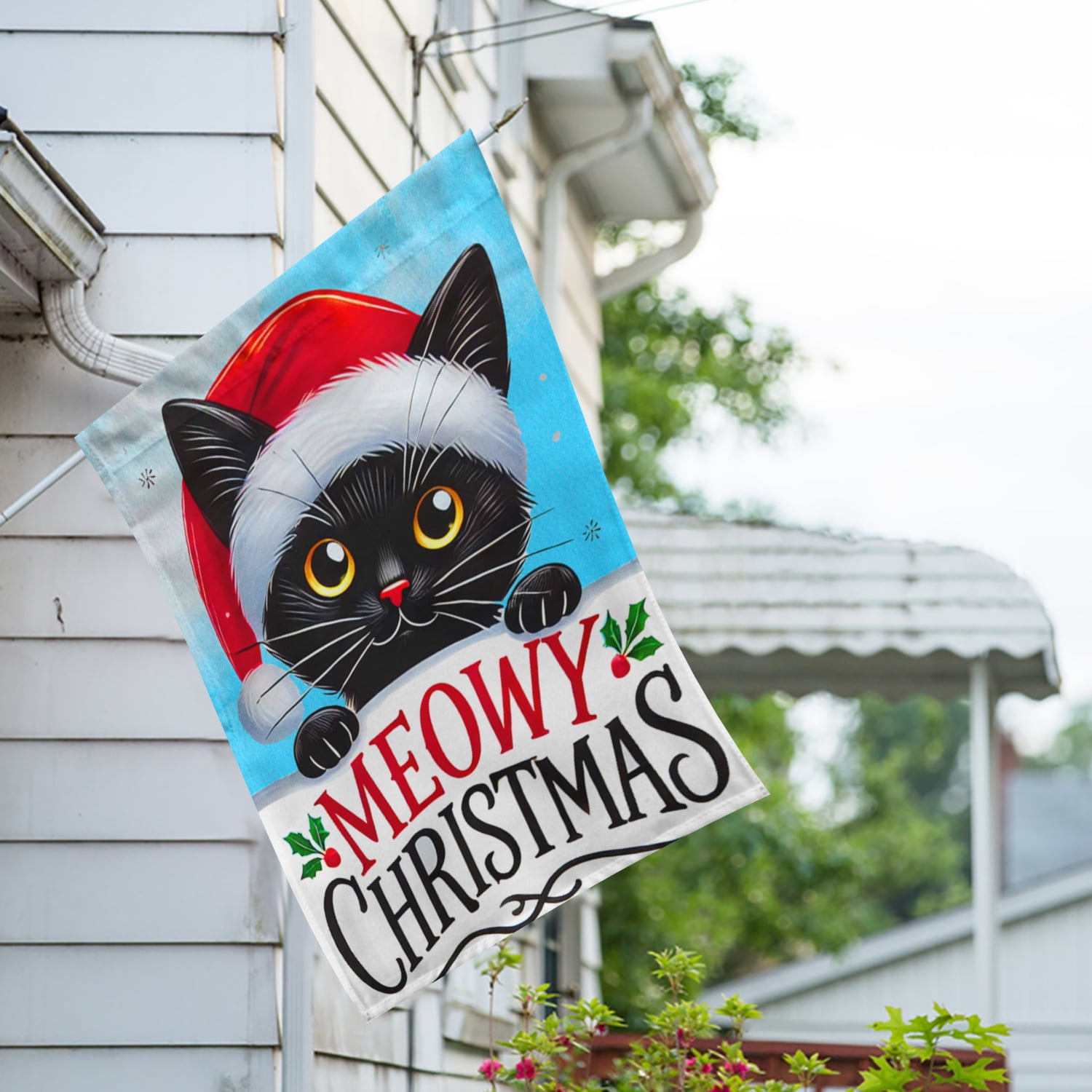 America Forever Meowy Christmas Cat House Flag, 28 x 40 inches Double Sided, Black Cat with Santa Hat, Cat Christmas Holiday Flag, Festive Winter Decor Outdoor Seasonal Flags for Yard, Lawn