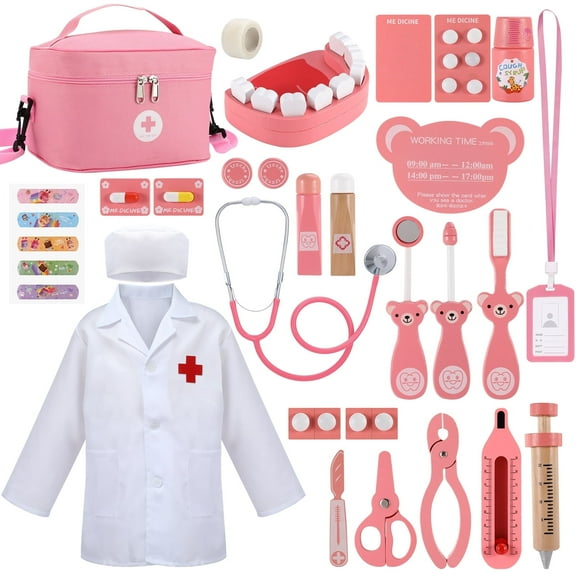 sixwipe Doctor Kit for Toddlers 3-5, 25 Pcs Preschool Pretend Play Medical Kit with Doctor Costume & Stethoscope & Storage Bag & Pretend Teeth, Wooden Dentist Play Set for Girls Boys 3 4 5 Year Old