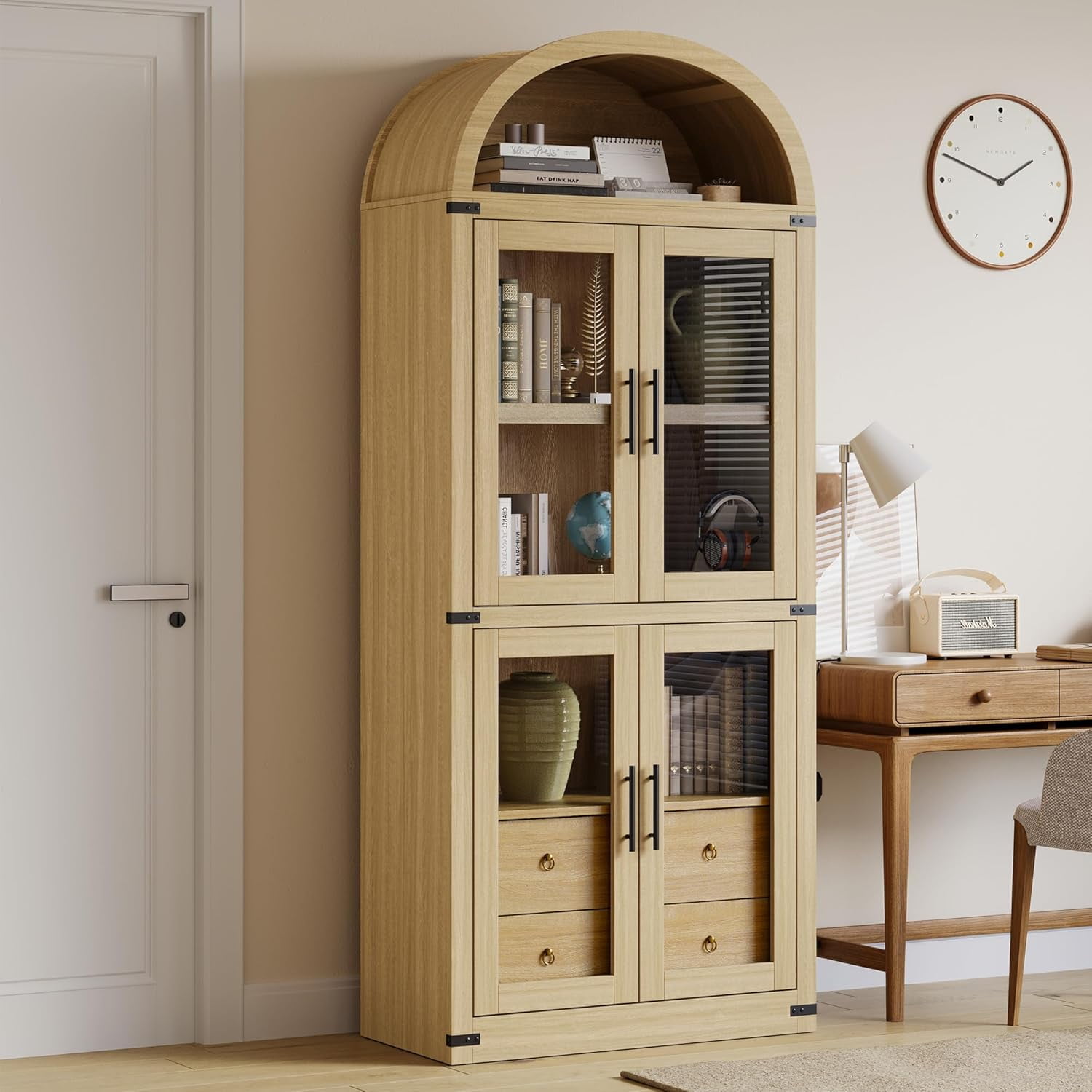 Arched Kitchen Pantry Storage Cabinet with 2 Drawers, 71-Inch Tall Farmhouse Wood Bookcase with 4 Doors for Kitchen Dining Room Bathroom
