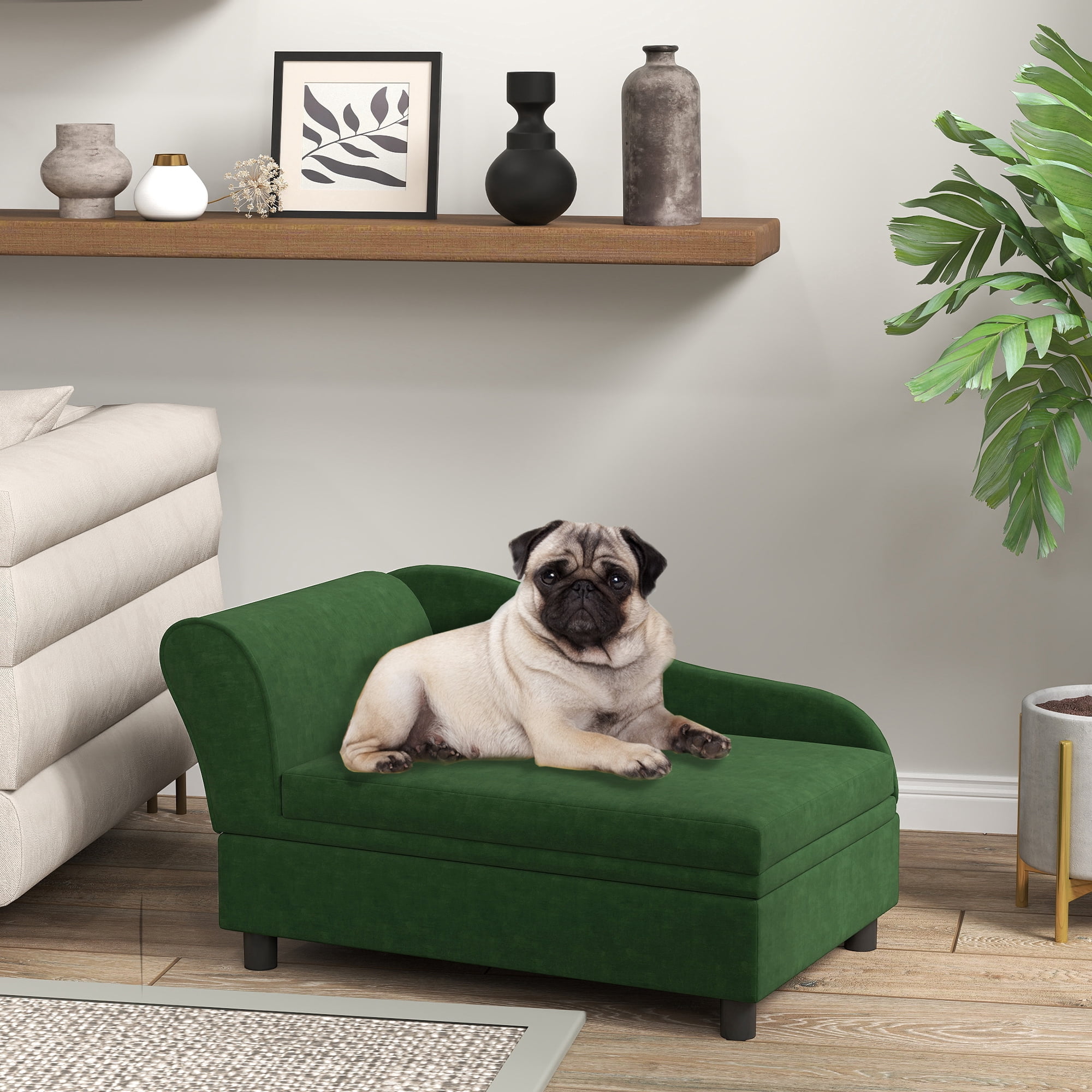 PawHut Fancy Dog Bed for Small Dogs with Hidden Storage, Small Dog Couch with Soft Foam, Dog Sofa Bed, Cushy Dog Bed, Pet Furniture for Puppies, Green