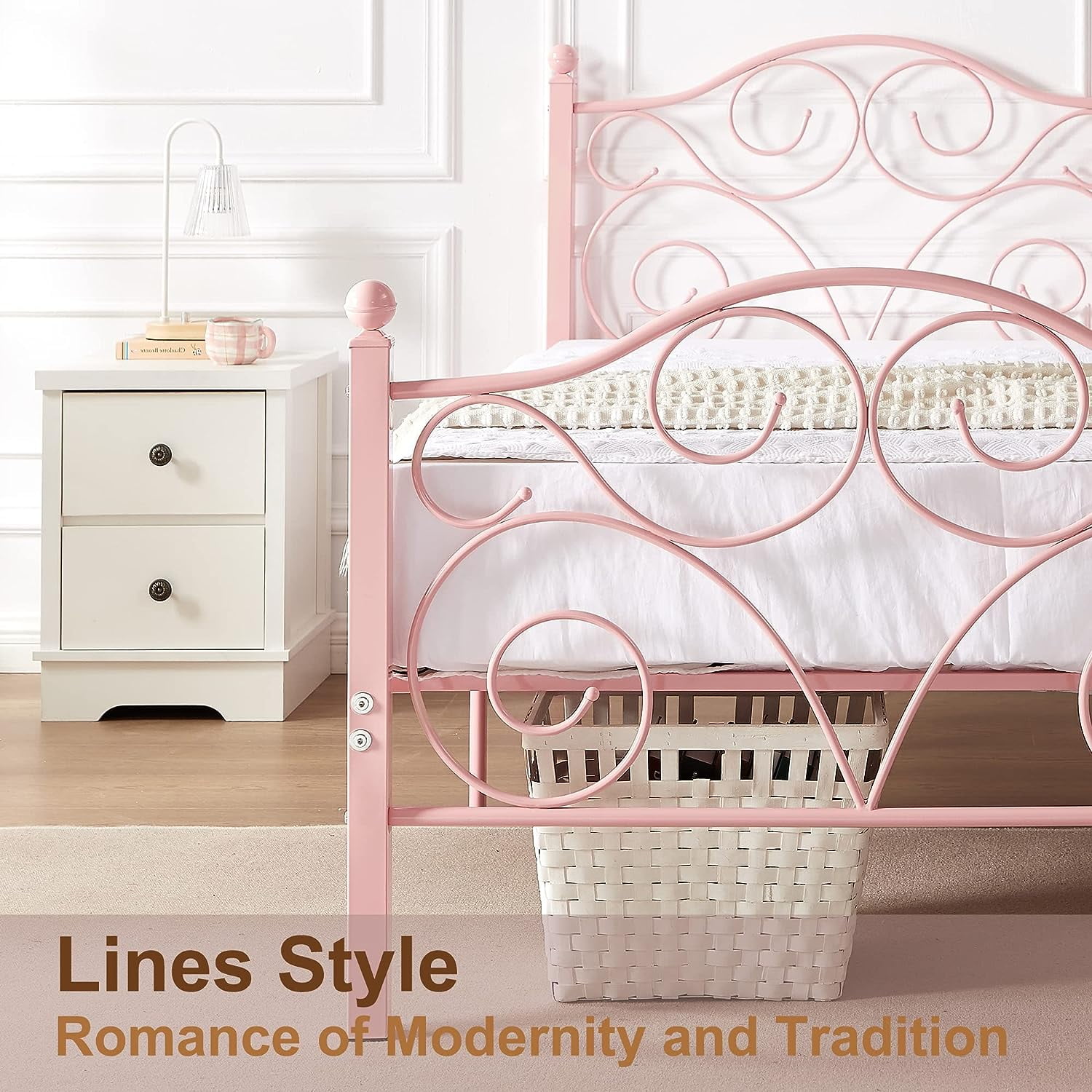 VECELO Twin Bed Frame with Headboard & Footboard, Modern Metal Platform Bed Frame with Underbed Storage Space, No Box Spring Needed, Heavy Duty & Quick Assembly, Pink
