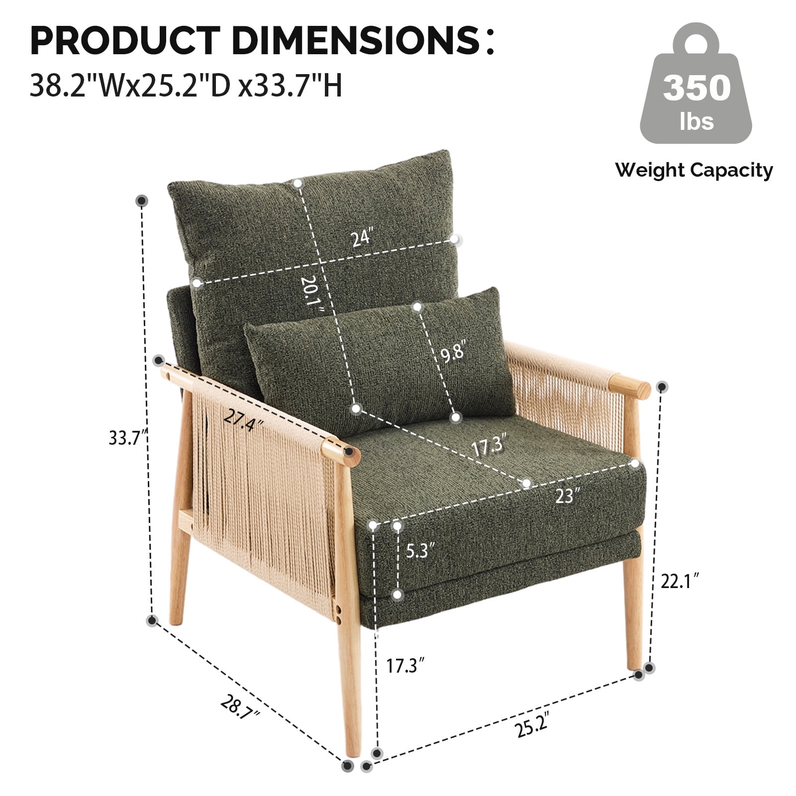 Ktaxon Accent Chair, Solid Wood and Jute Rope Armrests Armchair, Single sofa with Lumbar Pillow for Living Room Bedroom Office Dark Green