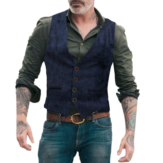 Men's Solid Color Buttoned Suit Vest Herringbone Pattern Fashion Casual Vest - Polyester/Spandex, V-Neck, Pocket, Trendy Western Style
