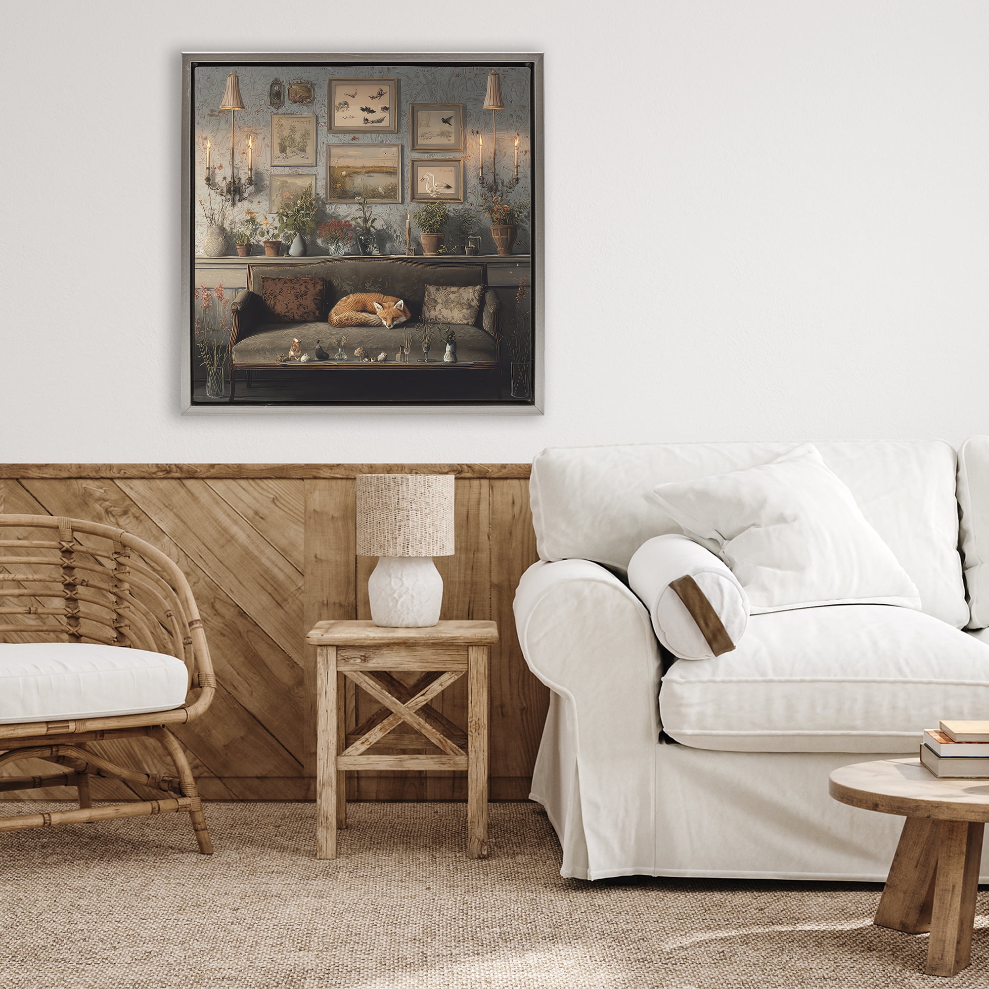 Stupell Industries Fox on Antique Sofa Gray Framed Floater Canvas Wall Art, design by The Wands Want