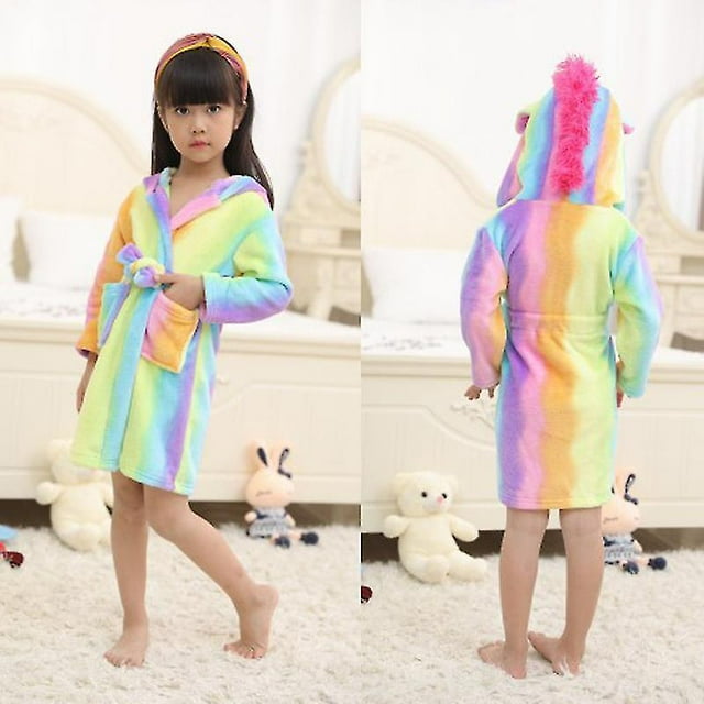 Enfants Filles Unicorn Peignoir à Capuche en Flanelle Robe de Chambre Ceinturée Vêtements de Nuit