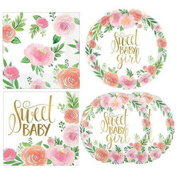Baby girl Shower Floral Party Supplies Kit: Plates, Napkins and Balloons - Pink and Peach Floral