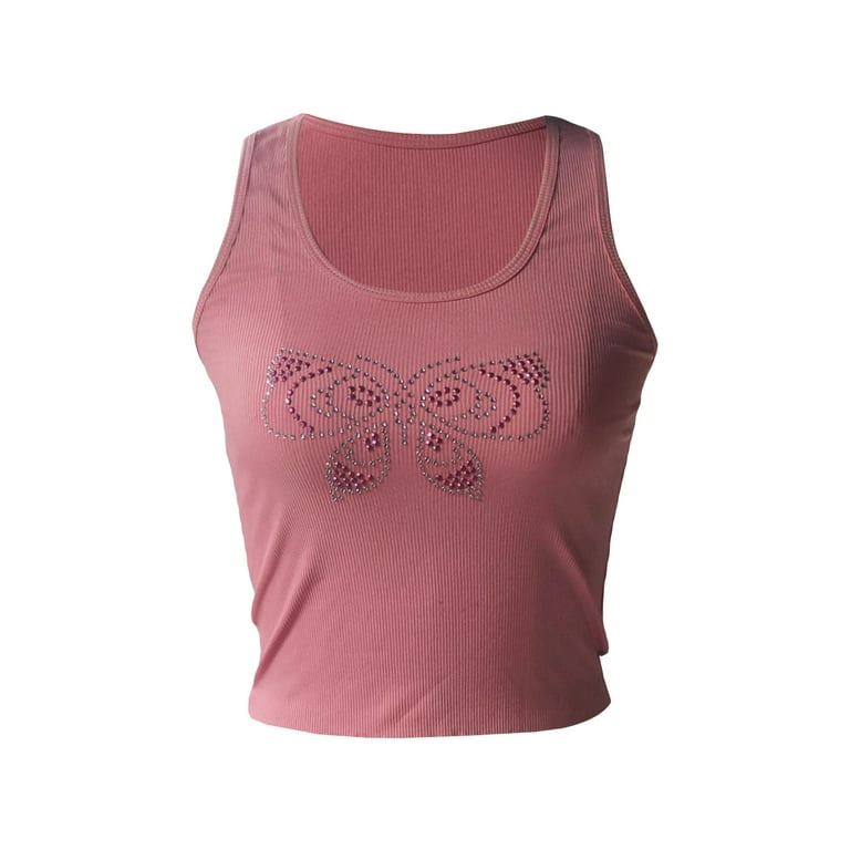 Women Summer Y2k Ribbed Tank Tops Butterfly Rhinestone Crew