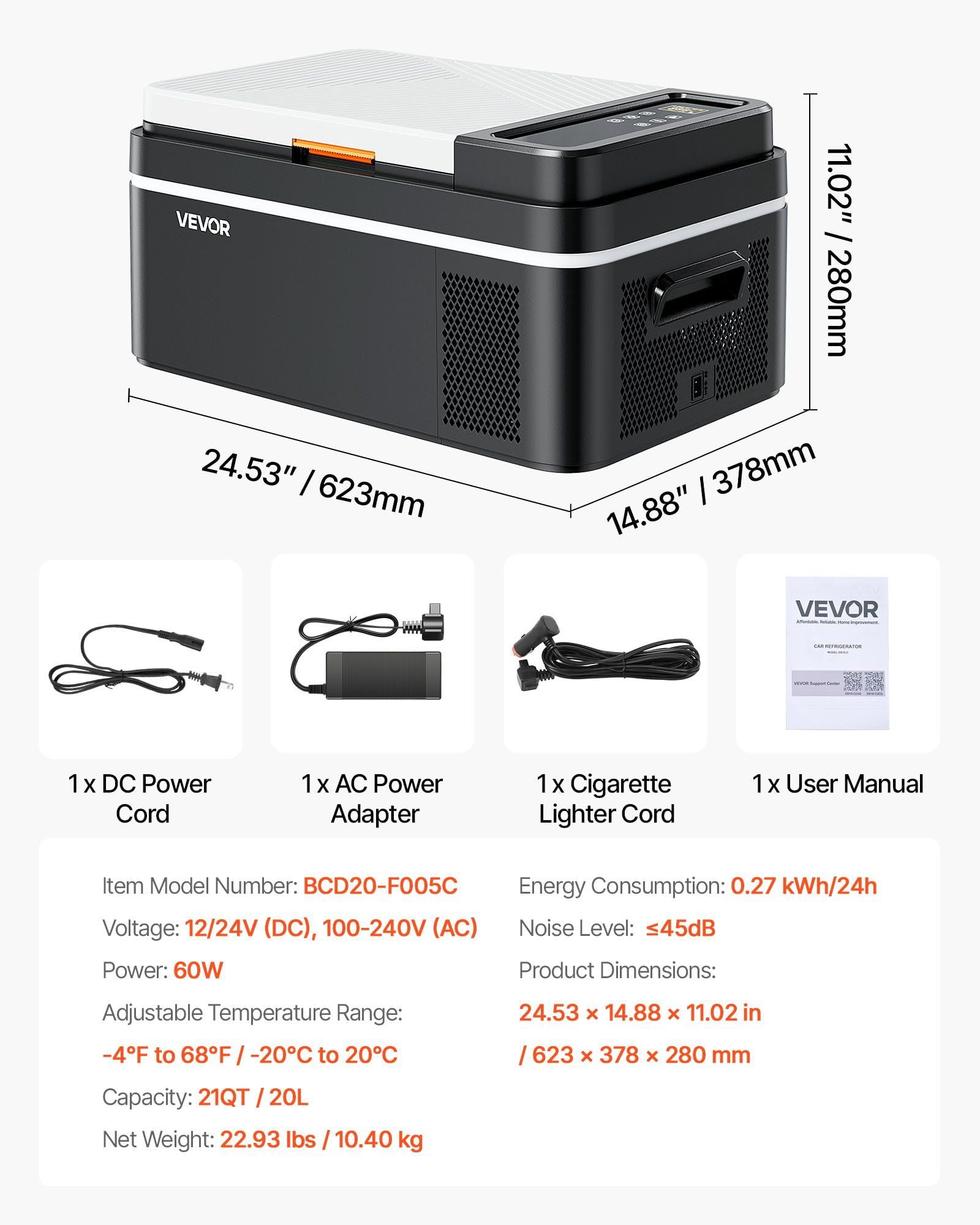 Car Refrigerator, DC 12/24V AC100-240V Compressor Electric Cooler, -4 ° F to 68 ° F Car Fridge with APP Control, 21 QT Cars Freezer for RVs, Campsites, Boats, Camping, Fishing, 60W Portable Freezer