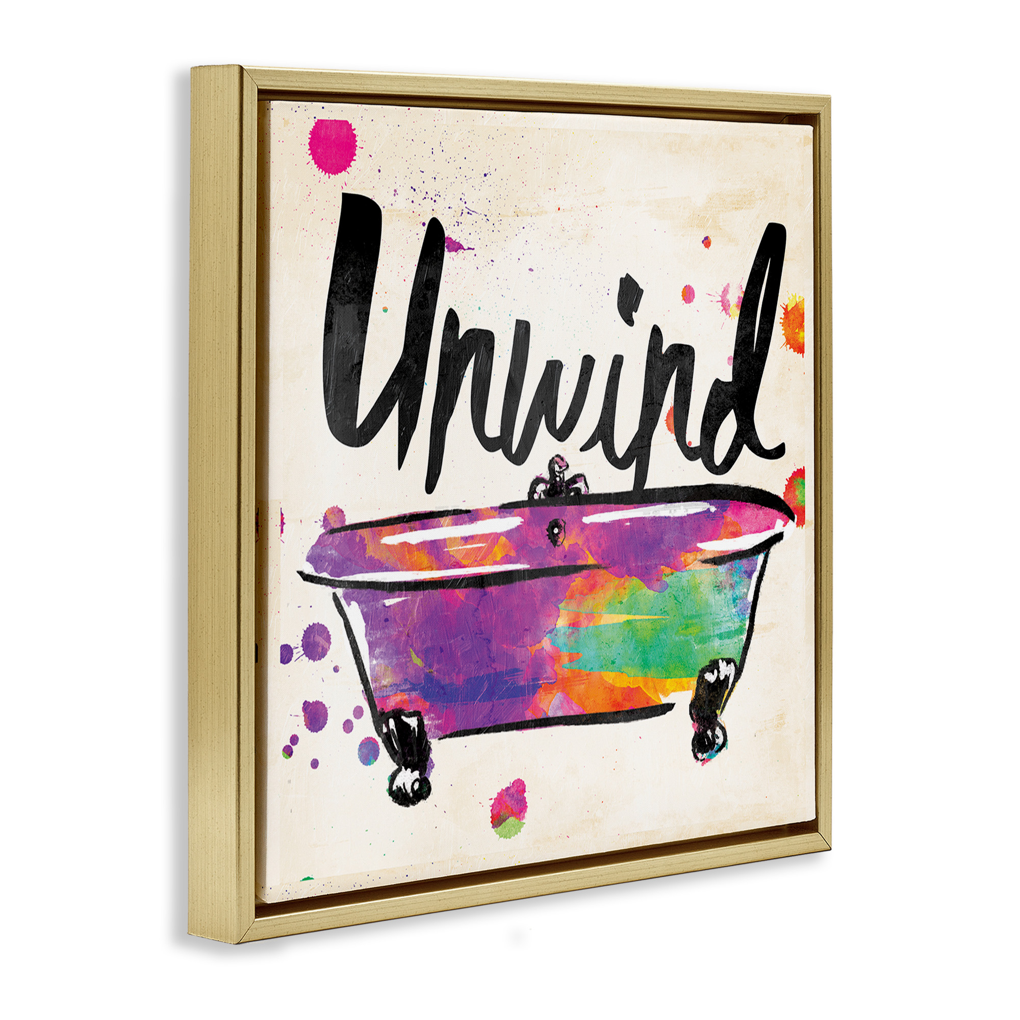 Stupell Industries Unwind Rainbow Colors Icon Bath Typography Painting Gold Floater Framed Canvas Art Print Wall Art, 25 x 25