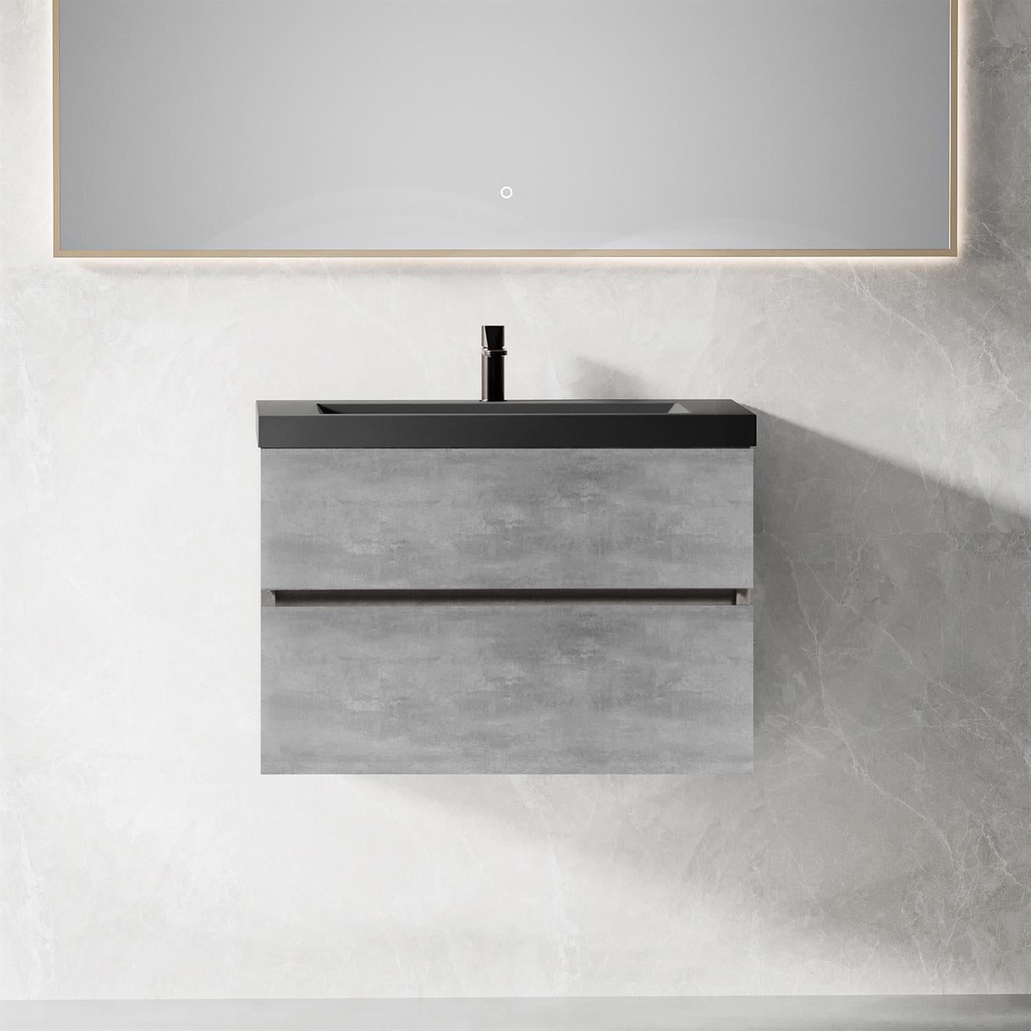 Demi Bonn 29" Floating Bathroom Vanity with Sink, Black Quartz Sand Top Basin and 2 Soft Close Drawers, Faucets and Drains Not Included, Gray