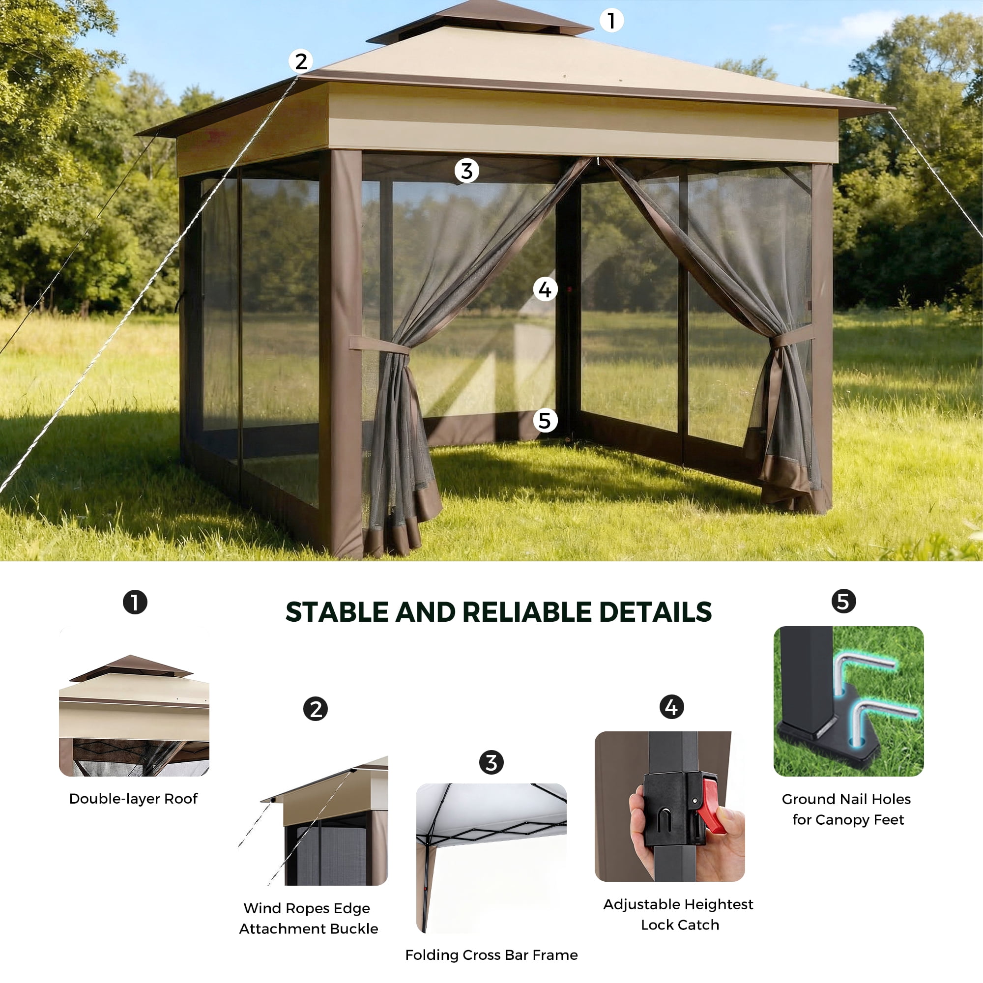 Advwin 11x11 Pop Up Gazebo Tent with Netting, Instant Outdoor Canopy Shelter with Wheeled Carry Bag, Double Roof Vent, 3 Adjustable Heights, Portable Canopy for Patio