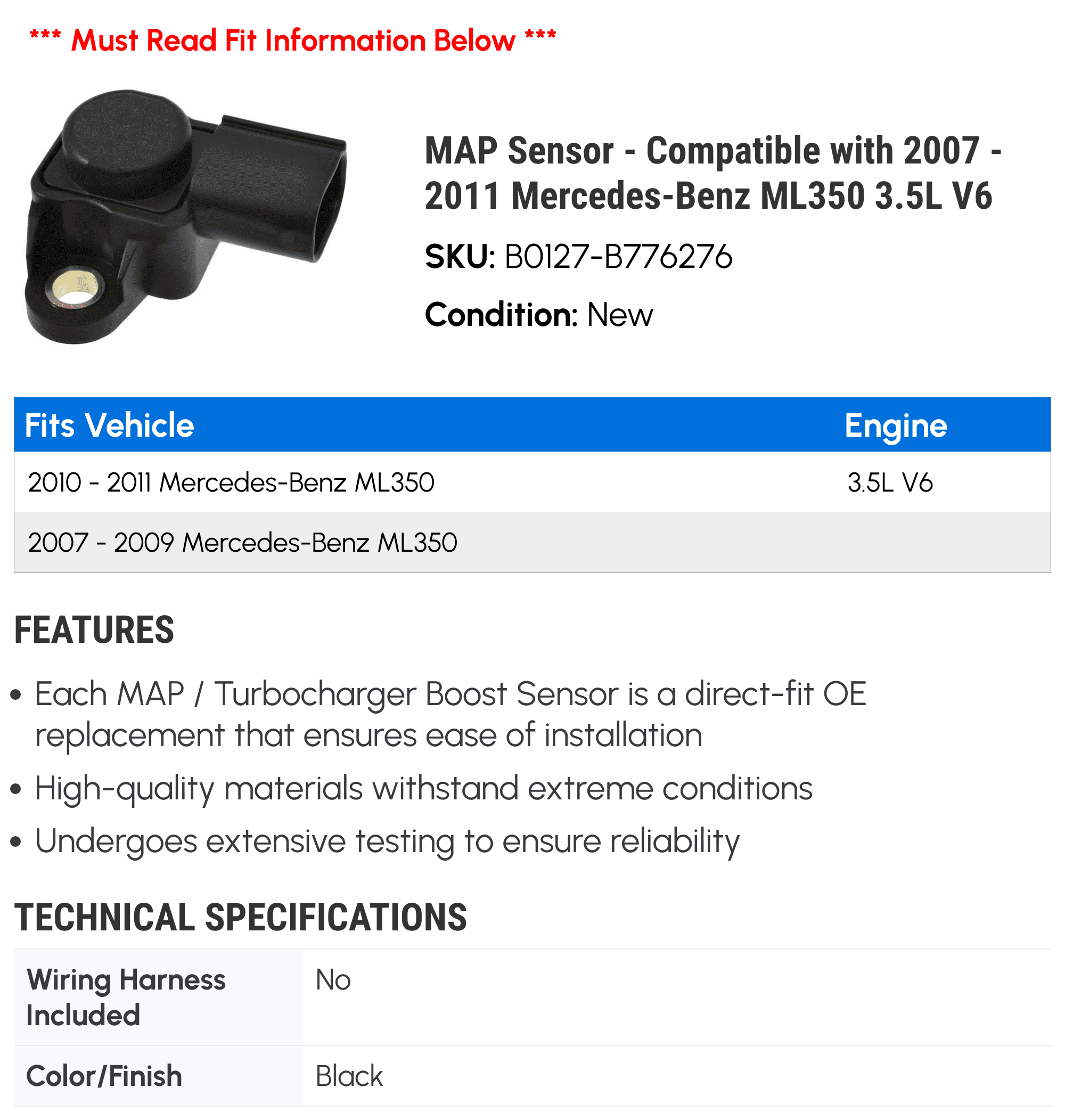 MAP Sensor - Compatible with 2007 - 2011 Mercedes-Benz ML350 3.5L V6 2008 2009 2010