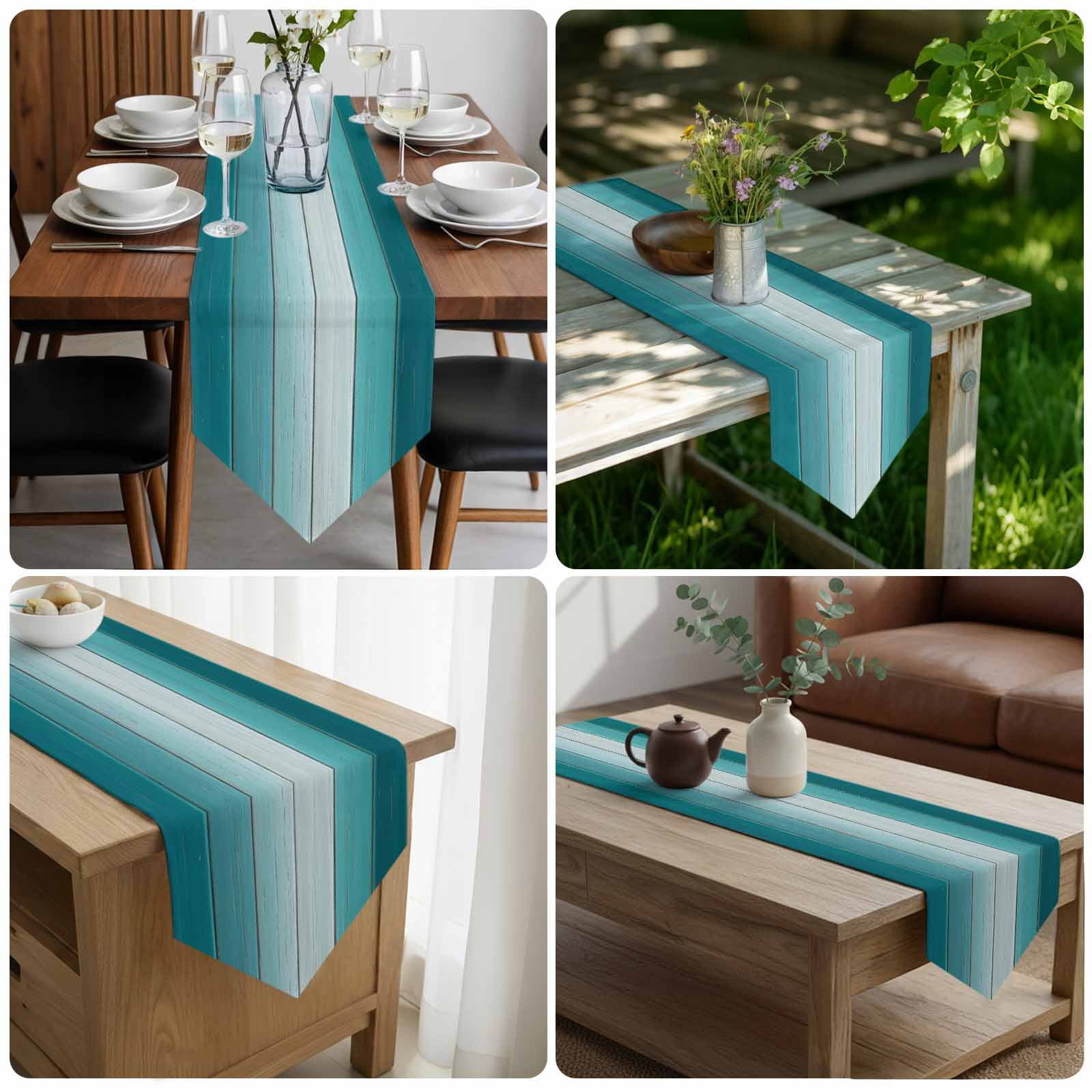 Aqua Ombre Table Runner Linen Burlap Table Runner 90 Inches Long Vintage Country Wooden Dresser Scarves for Kitchen Island Coffee Dining Room Party Wedding Banquet Holiday Decoration 13"x90"