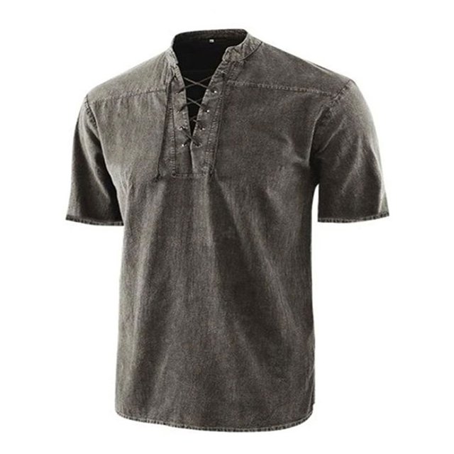 LUXUR Chemises pour Hommes Col Montant T-Shirt Manches Courtes Hauts Blouse Rétro Lacée Gris 3TG