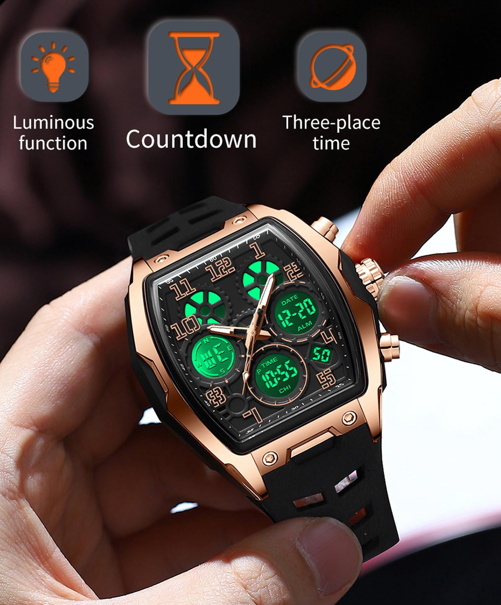 Findtime Mens Watches Square Rectangle Dial Watch for Men Waterproof White Relojes para Hombres Punk Cool Design Chronograph Luminous Silicon Strap