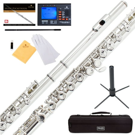 Mendini by Cecilio MFE-S Silver Plated C Flute with Stand, Tuner, 1 Year Warranty, Case, Cleaning Rod, Cloth, Joint Grease, and (What's The Best Way To Clean Silver Plated Items)