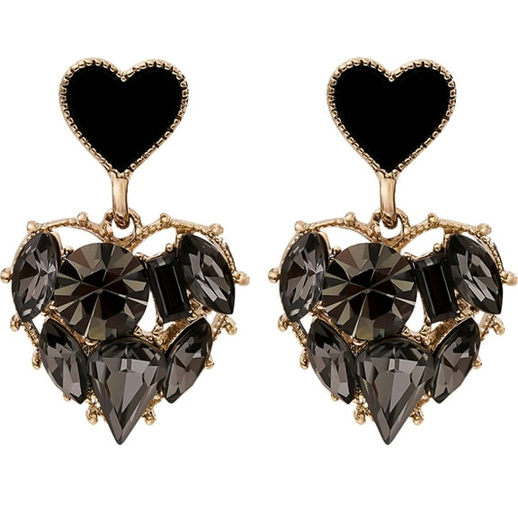 HETICA Double Heart Earrings for Women, Black Cubic Zirconia Heart Drop Earrings Love Heart Dangle Earrings Jewelry Gifts for Women