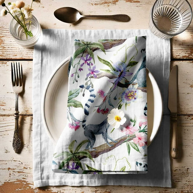 Vargottam Designer Cotton Canvas Napkins - Set of 12, 20-Inch, White Animal Pattern, Durable & Absorbent Cloth Napkins for Dining, Parties, and Home Decor - Machine Washable