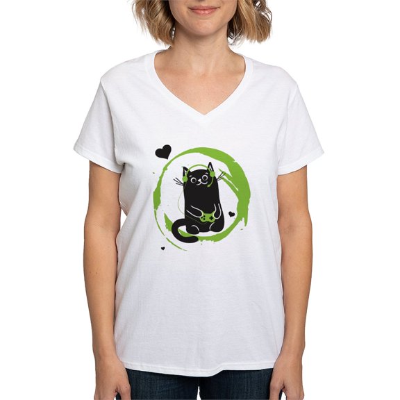 CafePress - Gamer Cat Women's V Neck T Shirt - Womens Cotton V-Neck T-shirt