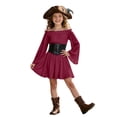 thumbnail image 3 of Girls Pirate Halloween Dress, Off Shoulder Corset Pirate Renaissance Themed Outfit with Bell Sleeves Smocked Waist Handkerchief Hem for Themed Events Wine 5-6Years, 3 of 5