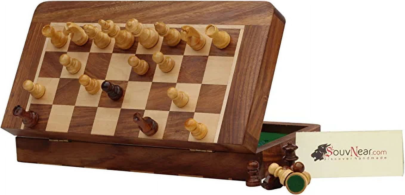 SouvNear 10.5" Wood Chess Set - Handmade Premium Magnetic Folding Chess Board - Wooden Travel Staunton Chess Game with Built in Storage