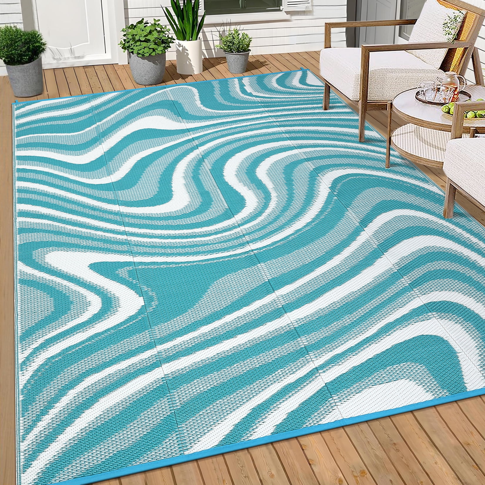 Garvee Outdoor Rug 9'x12' Abstract Plastic Area Rug Waterproof Reversible Outdoor Carpet, Plastic Straw Rug for Patio RV Camping Balcony Deck Backyard, Light Blue