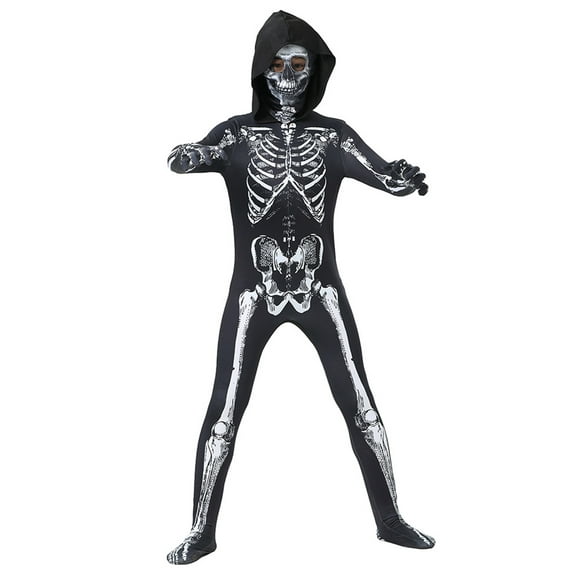 Honganda Halloween Costumes Long Sleeve Cosplay Role Play Skeleton Jumpsuit with Headgear for Kids