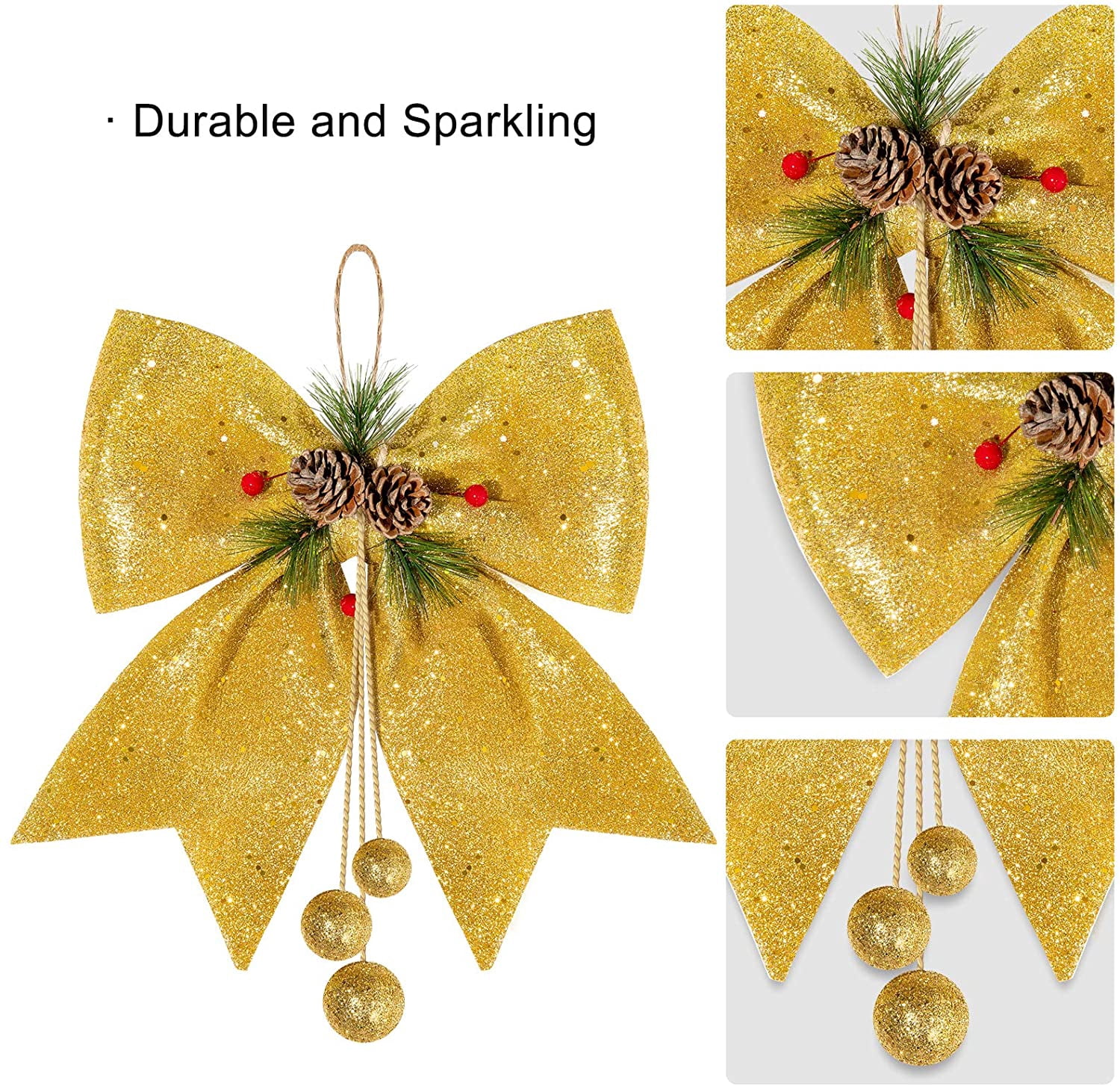 4pcs Christmas Decorative Bow Christmas Tree Glitter Bow Xmas Bows Ornament with Pinecone Red Bows for Wreath Garland Treetopper Christmas Party Gifts Home Indoor Decor 9.8 x 11.8in