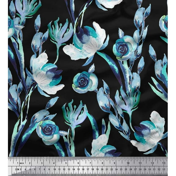 Soimoi Black Cotton Duck Fabric Leaves & Floral Printed Craft Fabric by The Yard 42 Inch Wide