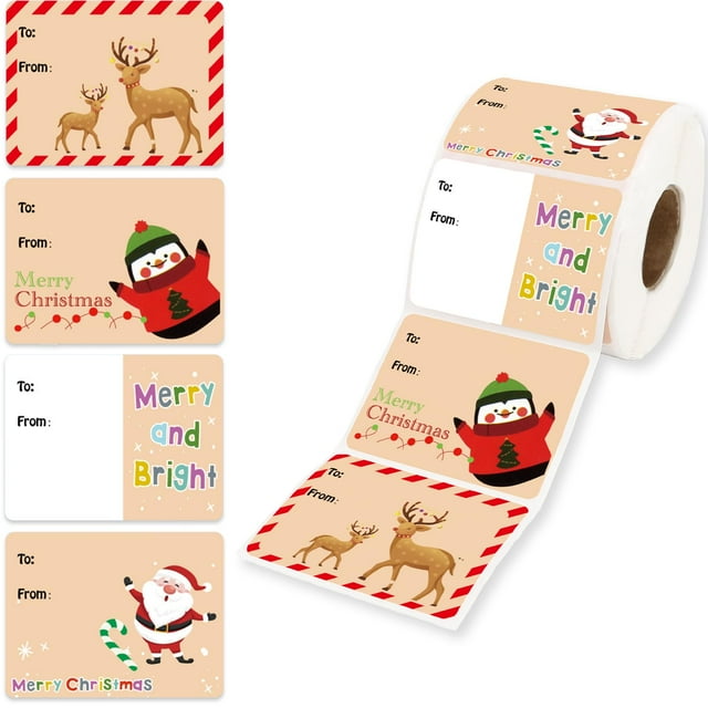 WJCA 200Pcs Christmas Gift Labels Stickers Self-Adhesive, Reindeer Penguin Santa & “Merry and Bright” Designs, To/From Name Tags for Presents, Holiday Wrapping, Party Favors & Xmas Decor