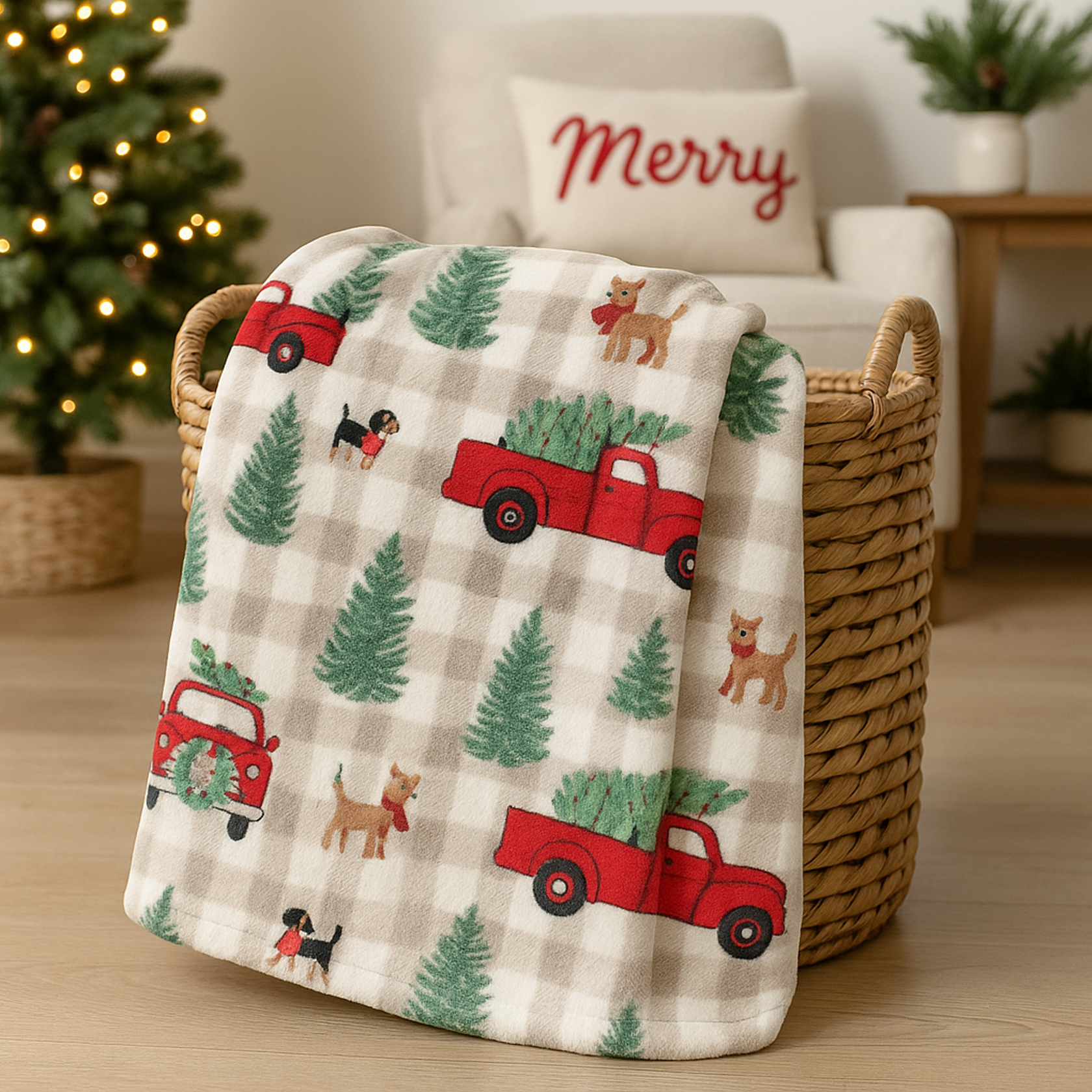 North Pole Trading  Red Truck Dogs Throw Blanket 50 x 60 inches Grey Buffalo Plaid Velvet Plush Adults