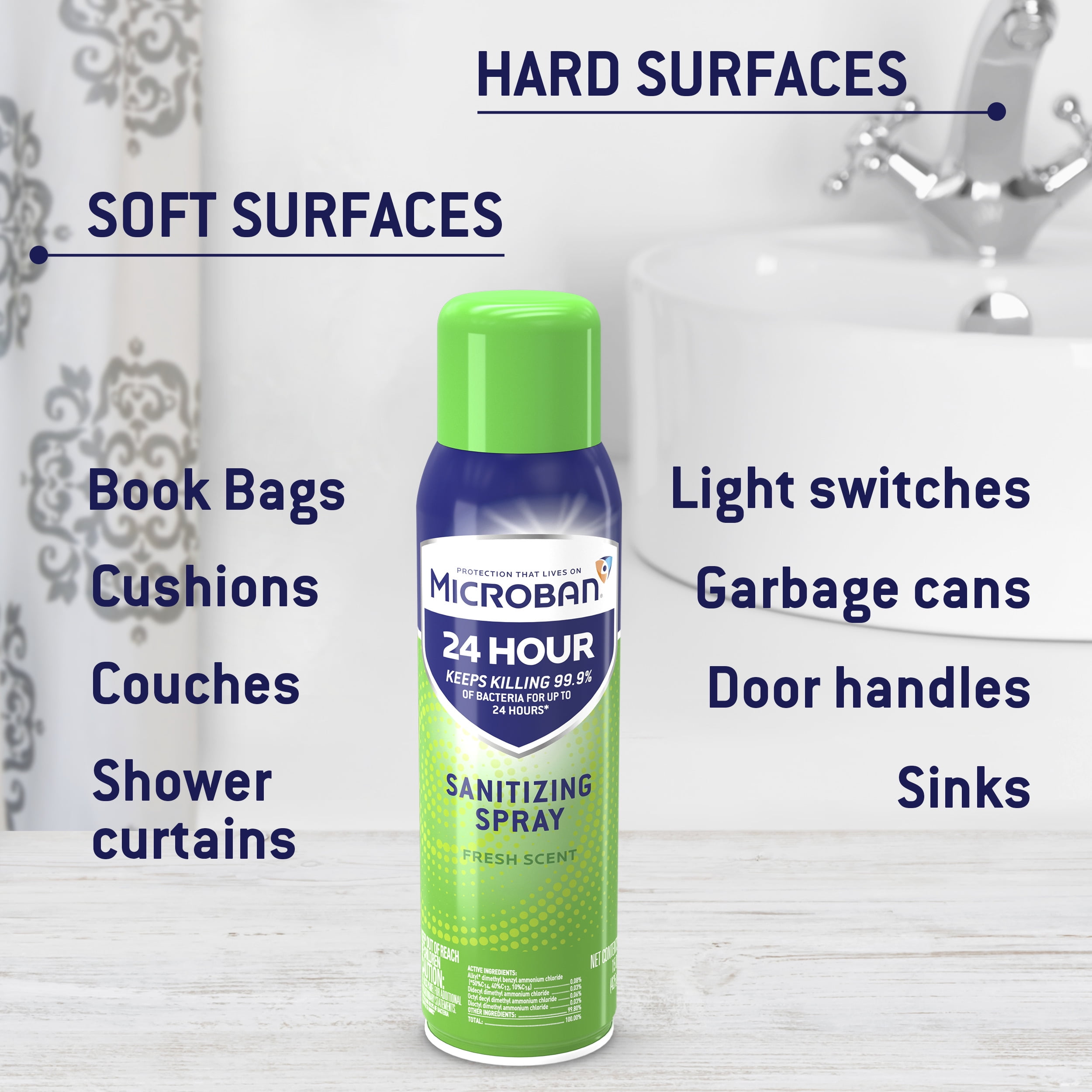 Microban 24 Hour Disinfectant Sanitizing Spray, Fresh Scent, 12.5 fl oz