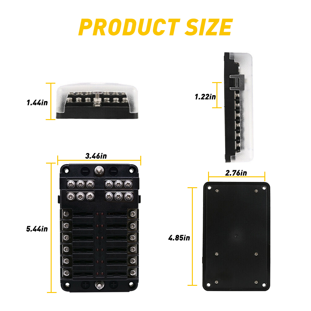 12 Way 12V Blade Fuse Block,12 Circuit ATC/ATO Fuse Box Holder with LED Indicator Waterpoof Cover for 12V Automotive Truck Boat Marine RV Van Vehicle with 24 pcs Fuse