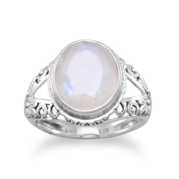 Oxidized Sterling Ring Has An Ornate Split Band Rainbow Moonstone Measuring 10.5mm X 12mm - Size 10
