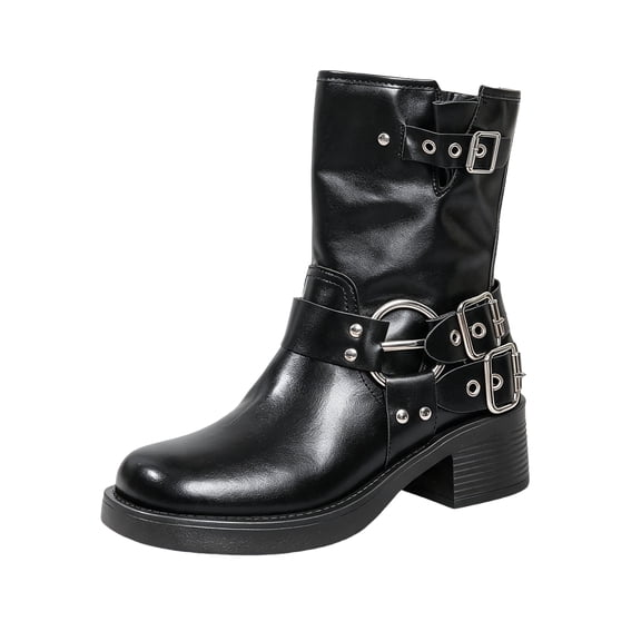 Womens Booties Round Toe Chunky Low Heel Ankle Boots Pull On Motorcycle Style Womens Shoes Vintage Outfits