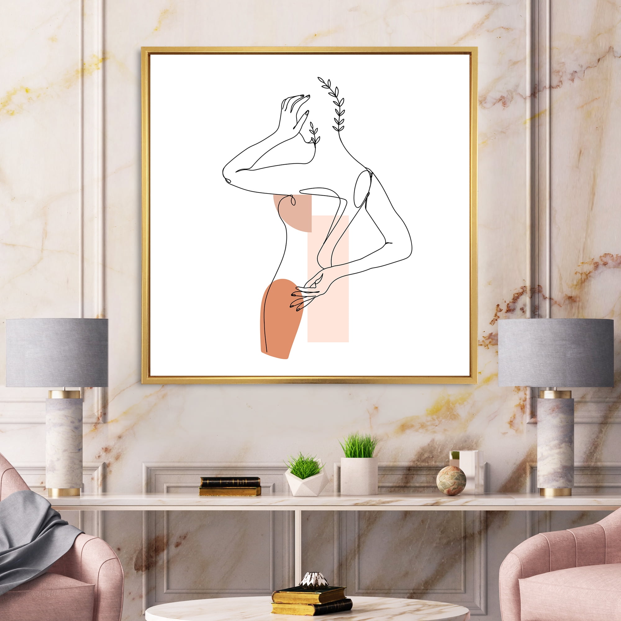 One Line Woman Portrait With Shapes and Leaves II 30 in x 30 in Framed Painting Canvas Art Print, by Designart