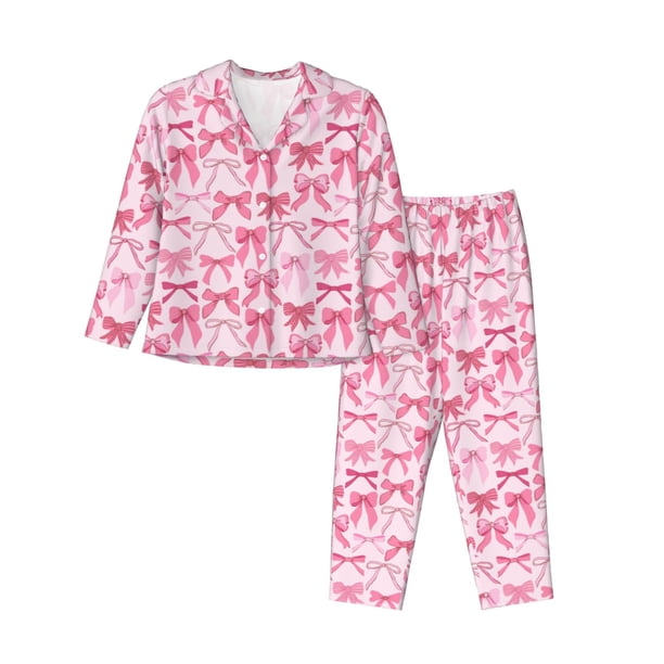 Balery Pink bows Conjunto de Pijama con Estampado para Mujer, Conjunto de Dos Piezas con Manga Larga, Ropa de Dormir Suave con Bolsillos, Pijamas Cómodos-Medium