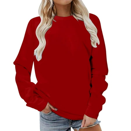 VSSSJ Sweatshirts for Women Casual Solid Color Long Sleeve Shirts Crew Neck Fleece Comfortable Pullover Tops Fall Winter Clothes Wine L
