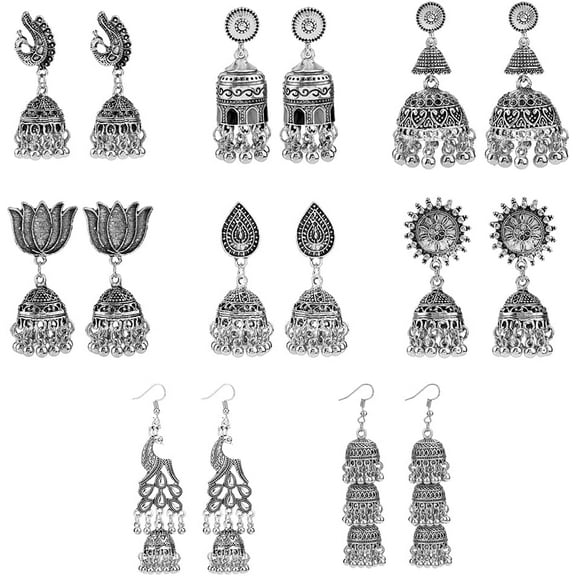 8 Pairs Indian Ethnic Earring Vintage Long Tassel Bell Earrings Retro Peacock Drop Earrings Exotic Style Earrings Fashion Boho Jewelry Wedding Party Gifts for Woman