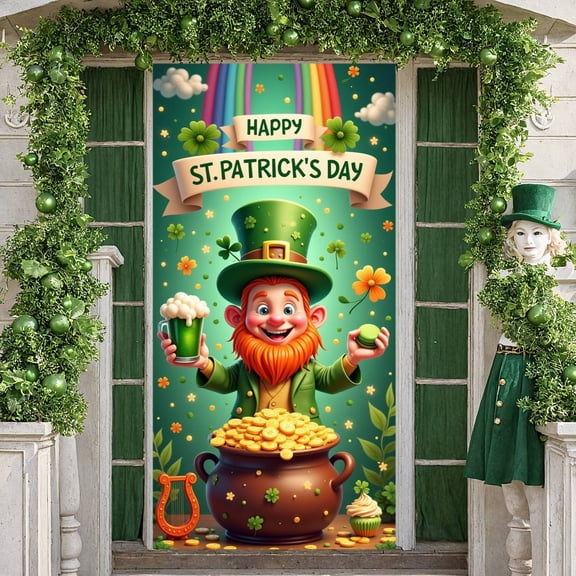 Green Theme St. Patrick's Day Banner Leprechaun Design Shamrock Backdrop Pot of Gold Rainbow Decor Pot of Gold Background for St. Patrick's Day Party Irish Celebration Pub Event
