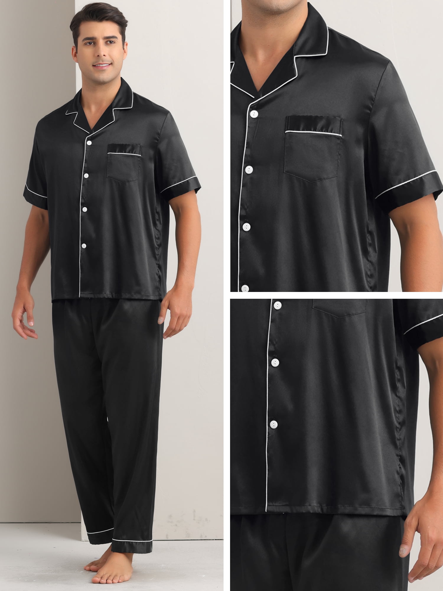 DARING DIVA Men's 2-Piece Pajama Set Button Down Short Sleeve Shirt Pants S Black