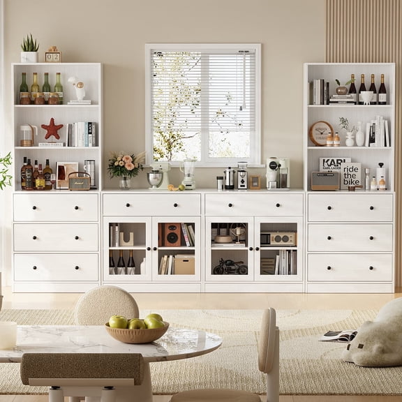 RichYa 4Pcs Kitchen Pantry Storage Cabinet,Modular Furniture Cabinets with Drawers,Hutch Buffet Cabinet with Display Glass Doors for Dining Room,White
