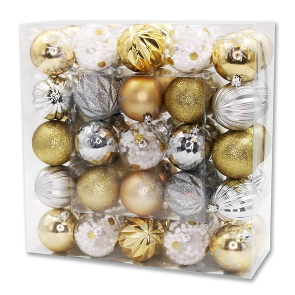 50 Pack Gold, Silver and Clear Assorted Ball Ornaments