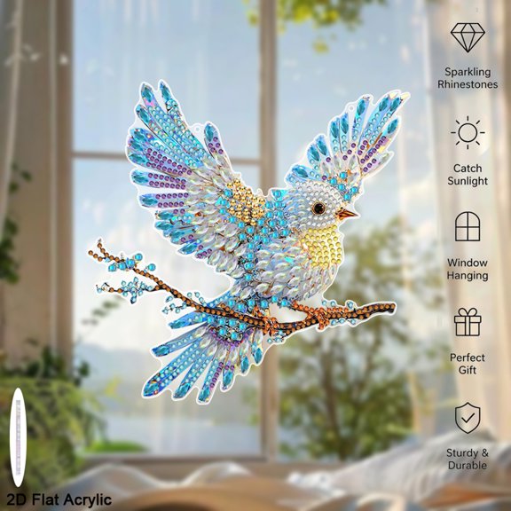 Diamond Hanging Art Kits for Adults, Blue Bird on the Branch Diamond Art Painting Suncatcher, DIY Special Shaped Rhinestone Kits for Adults, Window Pendants Garden Wall Hanging Ornament