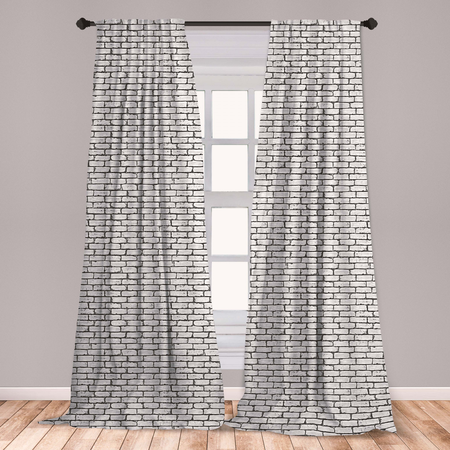 Grey and White Curtains 2 Panels Set, Grunge Brick Wall Background