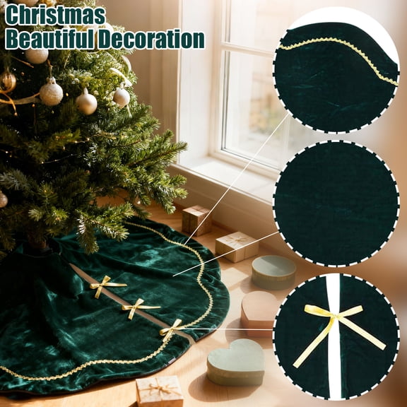 YIFUNIN 90cm Christmas Tree Skirt in Green Velvet with Gold Lace Trim and Bow Closure, Suitable for 8, 9, and 10-Foot Tall Trees