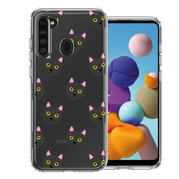 MUNDAZE For Samsung Galaxy A21 Black Cat Polkadots Design Double Layer Phone Case Cover