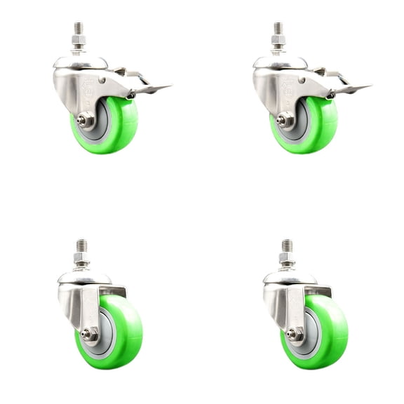 3.5 Inch 316SS Green Polyurethane 10mm Threaded Stem Caster Set 2 Lock Brake
